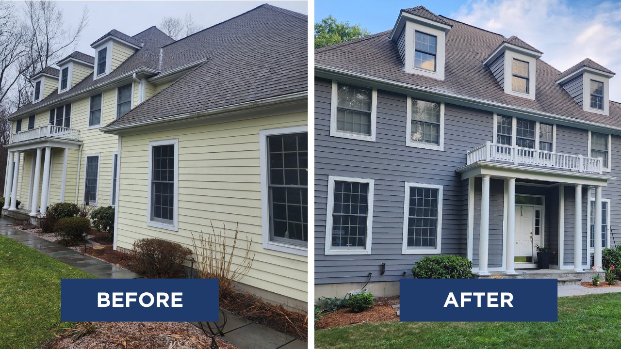 Before and after exterior house repaint, from yellow to slate gray