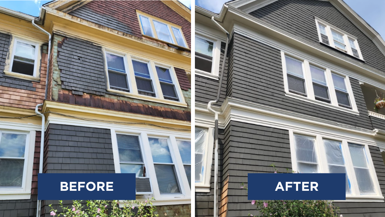 Before and after exterior repaint of a shingle-sided home in dark gray